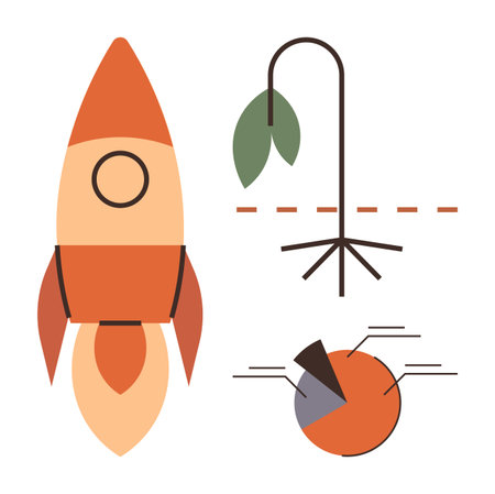Rocket blasting upward, wilting plant with severed stem, and segmented pie chart. Ideal for growth,...