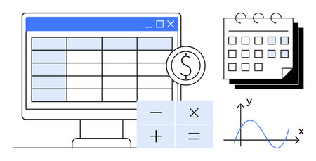 Spreadsheet on screen, calendar, calculator, and a plotted graph. Ideal for budgeting, data analysis, planning, finance tracking accounting business strategy and forecasting. Simple flat metaphorのイラスト素材
