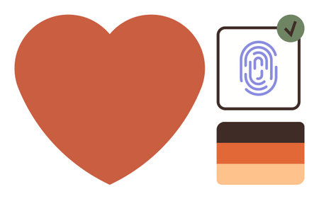 Large red heart, fingerprint with a checkmark, and a three-color palette. Ideal for love, security, identity, authentication, creativity trust digital connection. Simple flat metaphorのイラスト素材