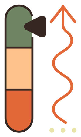 Color-blocked capsule with three segments and a small triangle, alongside a curved arrow pointing upward. Ideal for growth, balance, innovation, direction, progress, energy strategy. Simple flatのイラスト素材