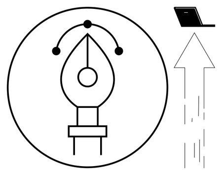 Pen tool inside a circle, upward arrow, and laptop outline symbolize creativity, innovation, technology, growth, design, progress and success. Ideal for branding digital design web developmentのイラスト素材