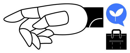 Robotic hand gestures with icons of a leaf in dialogue bubble and briefcase, representing innovation, sustainability, and professional growth. Ideal for technology, business, environment, automationのイラスト素材