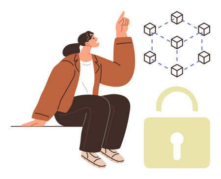 Woman seated, gesturing to blockchain network and lock, symbolizing technology, data security, and collaboration. Ideal for blockchain, innovation, cybersecurity, digital solutions coding trustのイラスト素材
