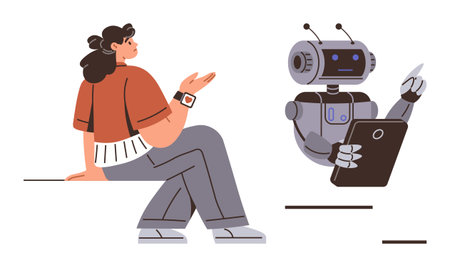 Woman gesturing as robot with tablet responds, symbolizing AI-human interaction, machine learning, technology collaboration. Ideal for AI communication, automation, innovation, tech educationのイラスト素材