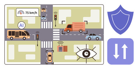 Smart city intersection with AI tracking vehicle speed, autonomous cars, traffic signals, buses, safety symbols. Ideal for transportation, technology, urban planning, innovation safety AIのイラスト素材
