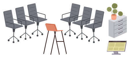 Office setup featuring six swivel chairs, one high orange stool, a monitor, a drawer unit, and a potted plant. Ideal for teamwork, collaboration, office design, productivity modern workspaceのイラスト素材