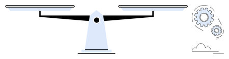 Balanced scale with flat plates, minimalistic gears on the side, and subtle cloud detail. Ideal for balance, justice, comparison, decision-making, fairness equilibrium teamwork. Simple flatのイラスト素材