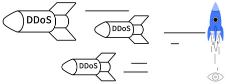 DDoS-labeled rockets moving toward a blue counter rocket with an eye symbol. Shows cybersecurity defense. Ideal for data protection, network security, risk management, threat mitigation, firewall, ITのイラスト素材