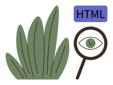 Magnifying glass with an eye near foliage and HTML badge conveys digital coding, environmental monitoring, web development. Ideal for ecology, technology, programming, nature analysis, environmentalのイラスト素材