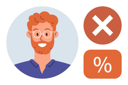 Smiling red-haired man in casual attire, circle frame, alongside icons for cancel and percentage. Ideal for feedback, decision-making, discounts, finance, error warning, analytics simple flatのイラスト素材