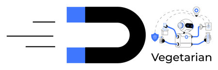 Magnet pulling blue and black robotic elements, vegetarian-themed robot holding various symbols of innovation. Ideal for technology, futuristic ideas, ethical AI, sustainability, magnetismのイラスト素材