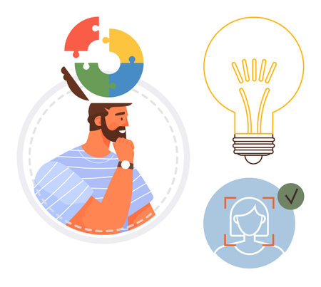 Man with puzzle brain pondering ideas, lightbulb symbol for creativity, facial recognition icon for smart systems, innovation, decision-making, and problem-solving. Ideal for technologyのイラスト素材