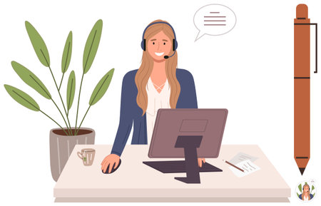 Smiling woman using a headset while interacting through a computer screen. Ideal for customer service, remote work, online help, call center, communication, professionalism, simple flat metaphorのイラスト素材