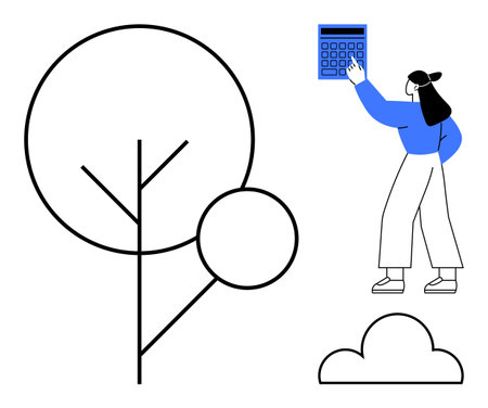 Woman interacts with a large calculator while abstract tree and cloud illustrations appear nearby. Ideal for finance, learning, nature, technology, minimalism, analytics, creativity. Flat simpleのイラスト素材