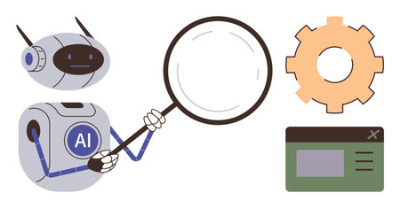 AI robot holding magnifying glass, gear symbolizing processes, and browser interface for analysis. Ideal for AI, data, automation, research, innovation, software simple flat metaphorのイラスト素材