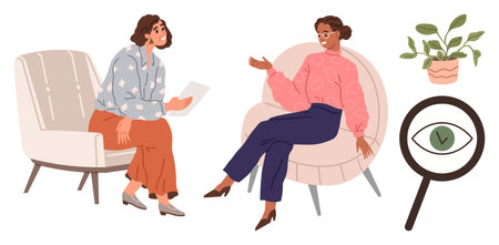 Two women talking during a counseling session in armchairs, emphasizing communication, analysis, understanding. Ideal for therapy, coaching, teamwork, insight, mental health personal growthのイラスト素材