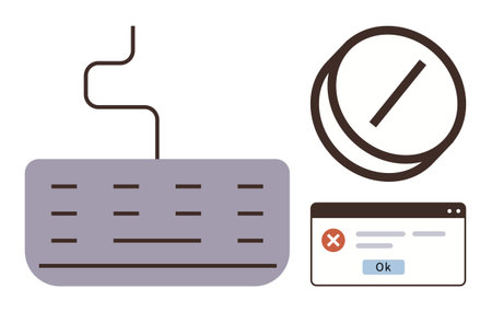 Keyboard with cord, warning popup featuring OK button and red icon, and prohibition sign. Ideal for technology, error notification, failure, system bug, restriction, troubleshooting user errorのイラスト素材