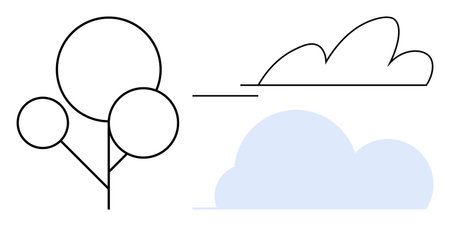 Black outline of trees with circular tops, blue cloud, abstract minimal lines. Ideal for nature, simplicity, environmental awareness, eco-friendliness, outdoor themes modern art harmony. Simpleのイラスト素材