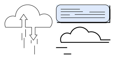 Cloud with arrows representing data transfer, network communication, and information sharing linked...