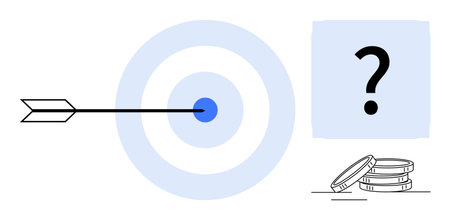 Arrow in bullseye, central target, blue question mark, stacked coins Ideal for success, focus, decision-making, finance, innovation planning achievement themes. Simple flat metaphorのイラスト素材