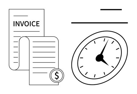 Invoice document, dollar sign, analog clock illustrating time management, billing, financial planning. Ideal for finance, business, scheduling, time tracking accounting productivity deadlinesのイラスト素材