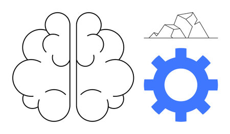Brain split into two halves, blue gear symbol, angular abstract shapes. Ideal for creativity, innovation, problem-solving, intelligence, technology teamwork education. Simple flat metaphorのイラスト素材