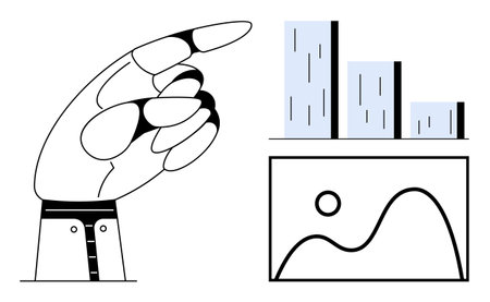 Hand with finger pointing at bar chart and framed image, emphasizing data analysis, progress tracking, and creativity. Ideal for analytics, strategy, innovation, design, focus learning simple flatのイラスト素材