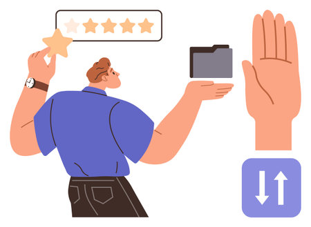 Man holding a star near a rating scale, folder, palm gesture, and arrows for sorting. Ideal for feedback, organization, evaluation, user approval productivity workflow decision-making. Simple flatのイラスト素材