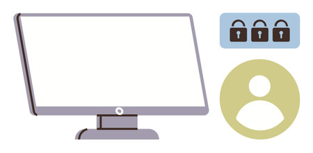 Blank computer screen, three padlock icons symbolizing security, and user profile icon. Ideal for...