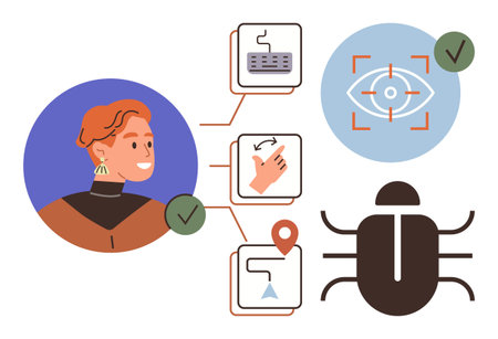 Human profile linked to keyboard and gesture inputs, biometrics eye scan, location pin, and debugging process. Ideal for technology, security, data monitoring, authentication, tracking privacyのイラスト素材