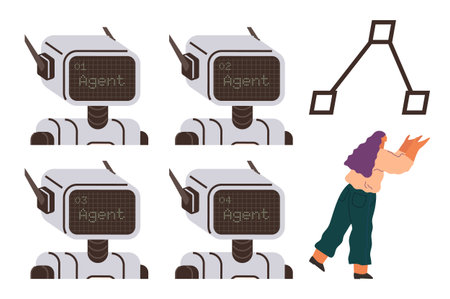 Rows of labeled robotic agents, abstract node diagram, human figure exerting effort. Ideal for robotics, AI teamwork, collaboration, automation, effort network technology. Clear simple flatのイラスト素材
