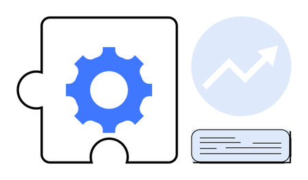 Puzzle piece with blue gear symbolizing solutions, blue growth chart with arrow, and text block. Ideal for teamwork, strategy, progress, innovation, planning, development simple flat metaphorのイラスト素材