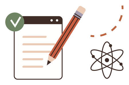Notebook with tick mark, pencil, and atom symbol conveying education, learning, organization, creativity. Ideal for science, research analytics education productivity planning minimalism. Aのイラスト素材