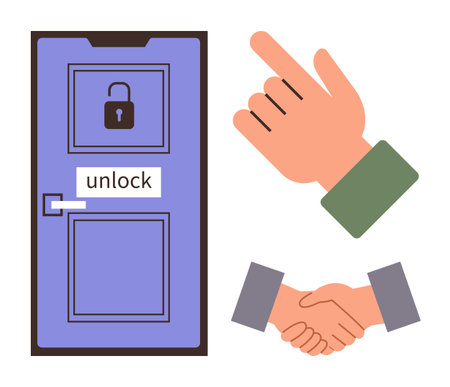 Door with lock and unlock sign, pointing hand gesture, and handshake motif. Ideal for access, agreements, teamwork, trust, partnership success. Simplistic flat metaphorのイラスト素材