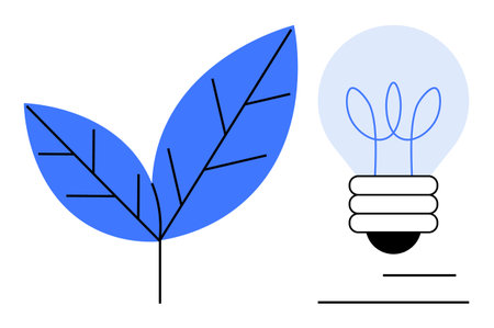 Blue leaf paired with a light bulb featuring sprouting plants inside, promoting sustainability, renewable energy, nature, innovation, green technology, environmental awareness, simple flat metaphorのイラスト素材