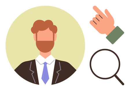 Male professional with suit and tie alongside pointing hand and magnifying glass. Ideal for recruitment, business, guidance, search, investigation, analysis, problem-solving. Simple flat metaphorのイラスト素材