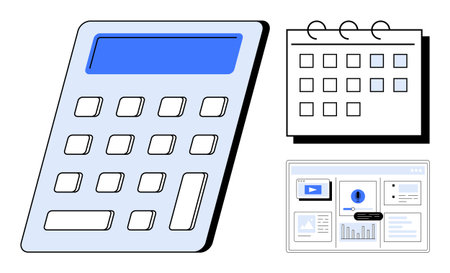 Calculator with a digital screen, calendar with dates, and dashboard showcasing data charts. Ideal for finance, productivity, business, planning, budgeting, analysis and data management simple flatのイラスト素材