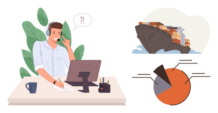 Male customer support agent managing container shipping queries. Includes cargo ship, pie chart, headset. Ideal for logistics, communication, customer service, trade, analytics teamworkのイラスト素材