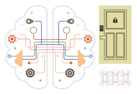 Brain graphic with interconnecting circuits and a locked door symbolizing ideas, privacy, and cybersecurity. Ideal for innovation, AI, security, technology, mental health, data privacy simpleのイラスト素材