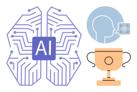 AI chip on brain circuit, profile with sound waves, golden trophy representing innovation, progress, and achievement. Ideal for AI development, technology, machine learning, innovation creativityのイラスト素材