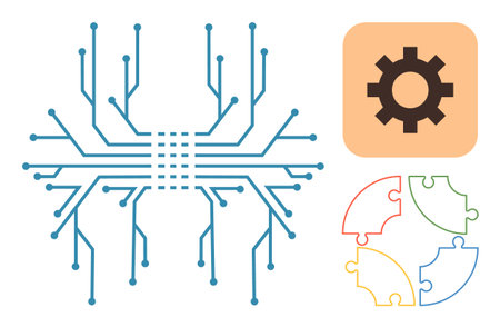 Abstract circuit layout alongside gear icon and colorful puzzle pieces forming a circle. Ideal for...