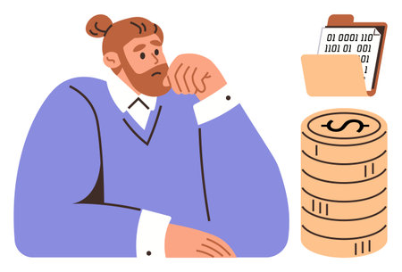 Bearded man in a purple sweater thinks deeply beside coins and a folder. Ideal for finance, budgeting, investment, business planning, decision making, income, expense management. Simple flat metaphorのイラスト素材