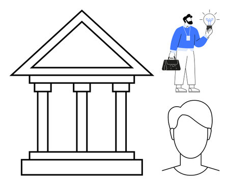 Ancient columned building and professional with lightbulb idea. Ideal for education, government, law, innovation, creativity, business strategy, career themes, simple flat metaphorのイラスト素材