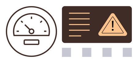 Speedometer alongside warning triangle and text panel conveying system performance, alert, and risk. Ideal for safety, monitoring, alert, workflow, diagnostic management assessment. Simple flatのイラスト素材