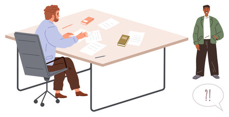 Man writing at desk with scattered papers, books, pens while another observes with surprised gesture. Ideal for miscommunication, workplace dynamics, confusion, brainstorming, administrationのイラスト素材