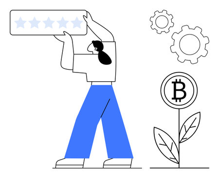 Person lifting five-star rating, gears symbolizing process, and Bitcoin plant growth. Ideal for finance, blockchain, innovation, customer satisfaction, technology, investment simple landing pageのイラスト素材