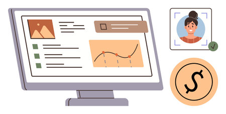 Monitor displaying charts, verification badge for user profile, and financial symbol. Ideal for data...
