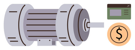 Electric motor with controller and dollar icon suggesting energy efficiency, engineering, cost savings, automation, industrial operations, machining, renewable energy. Ideal for technicalのイラスト素材