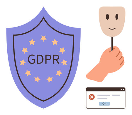 Shield labeled GDPR surrounded by stars, hand holding a smiling mask, denied browser notification. Ideal for data protection, privacy, identity fraud, consent, user control, anonymity complianceのイラスト素材
