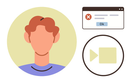 Neutral face profile, error message popup, and video play icon signifying interrupted video calls. Ideal for online connectivity, error handling, video communication, troubleshooting, conferencingのイラスト素材